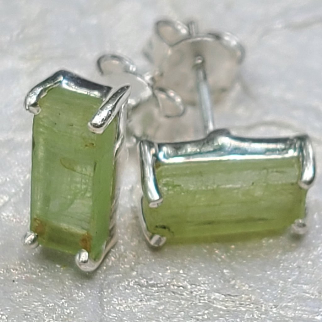 Green Kyanite Stud Earrings-Gemstone Earrings-Raw Stone Earrings In Silver